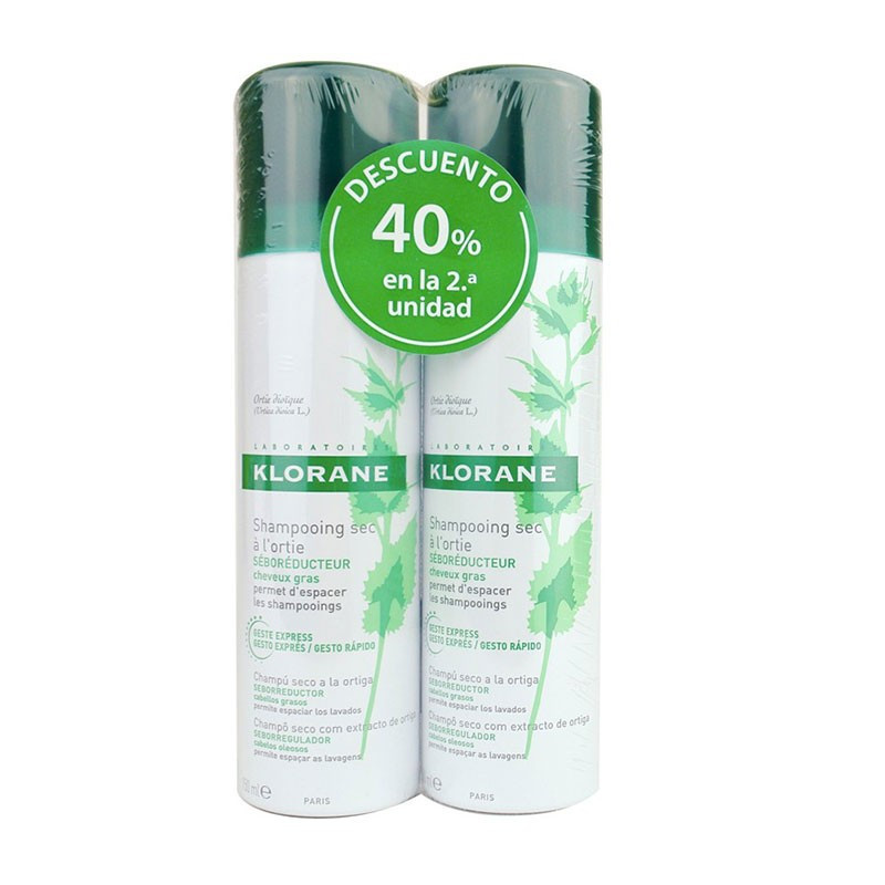 Klorane Champú Seco de Ortiga Cabellos Oscuros 150ml Pack de 2 unidades