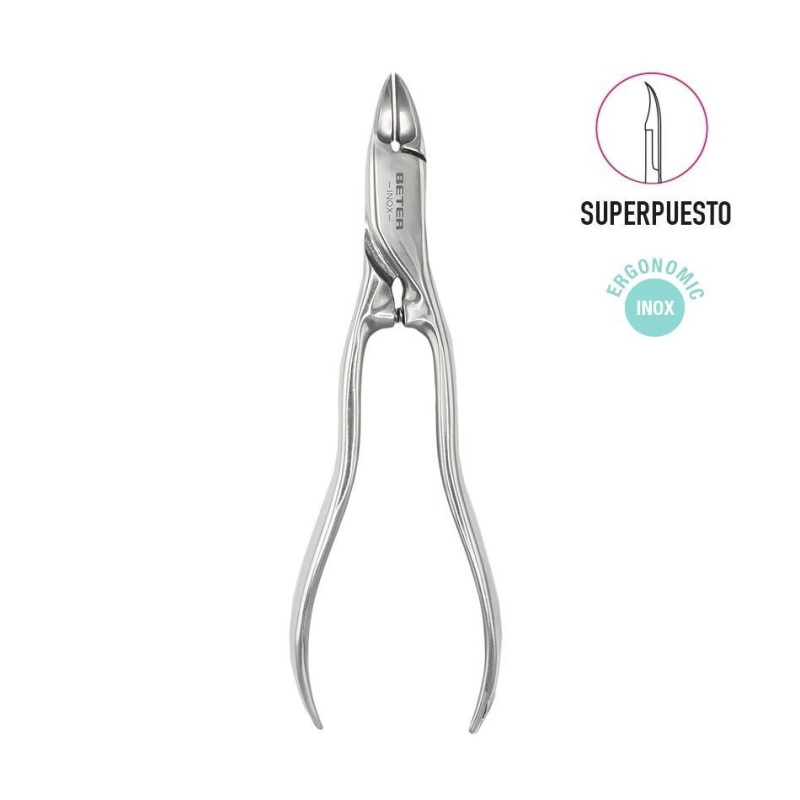 Beter alicate curvo superpuesto con muelle de acero inox.