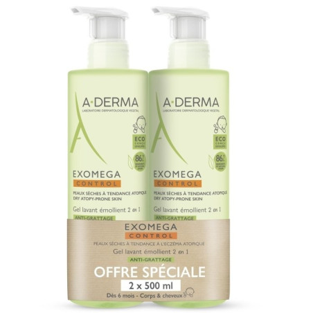 Aderma Exomega Control Gel Limpiador Emoliente 2 en 1 2X500ML