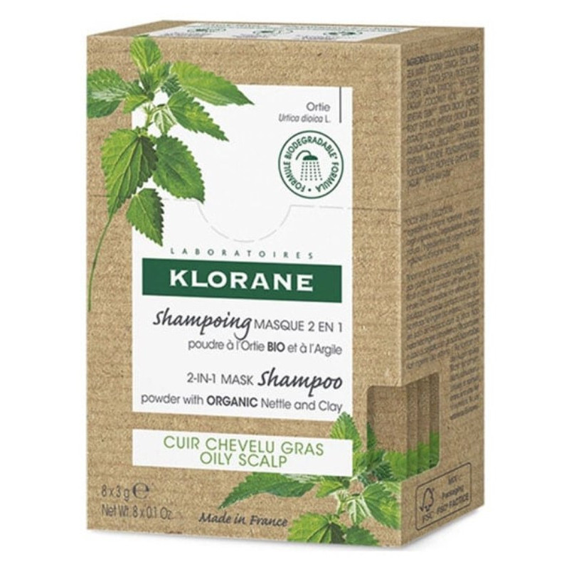 KLORANE CHAMPÚ-MASCARILLA EN POLVO 2 EN 1 ORTIGA 8 X 3GR