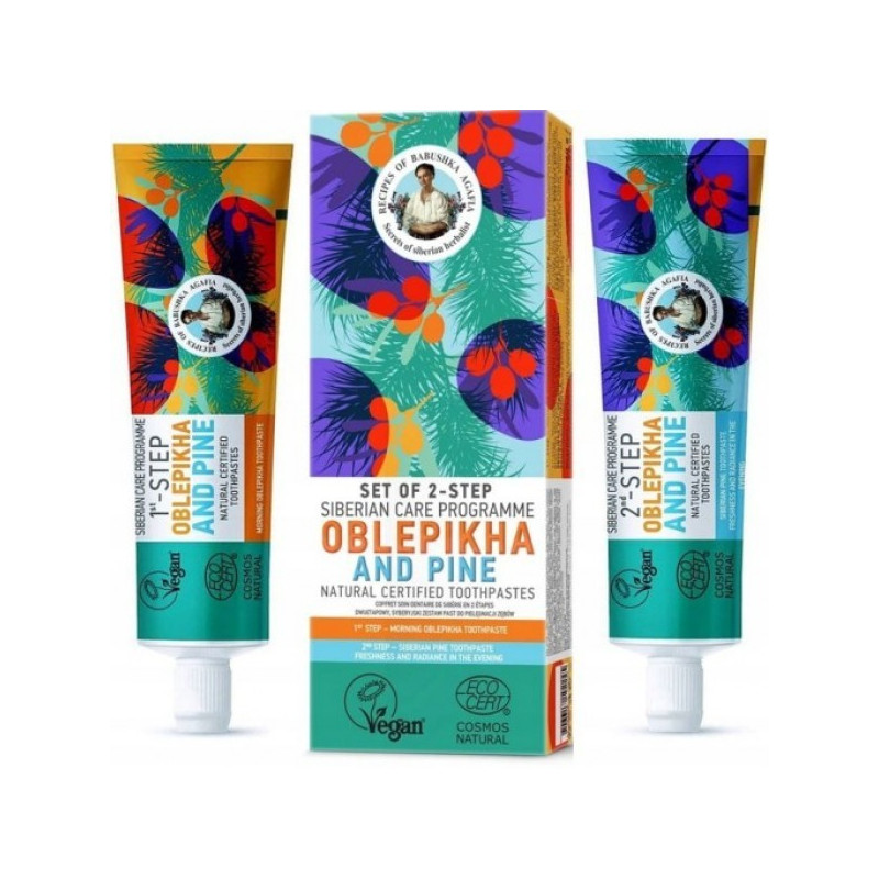 BABUSHKA  AGAFIA SET DE DENTÍFRICOS EN 2 PASOS OBLEPIKHAR Y PINO 2X60G